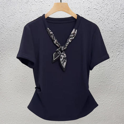 【129元2件】法式高级轻奢大牌配丝巾正肩凉感棉短袖T恤 显瘦遮肚独特潮流上衣 商品图8