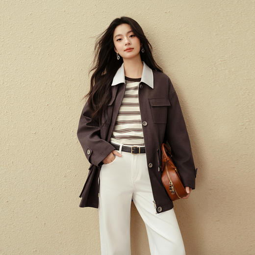 【严选】诗凡黎巴恩风撞色翻领质感风衣25秋新款天丝棉复古抽绳轻便短外套7G8160241 商品图0