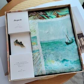 【甄珠贝·油画系列】只此青绿 新中式 70cm方巾 纯真丝真丝丝巾+天然珍珠胸针