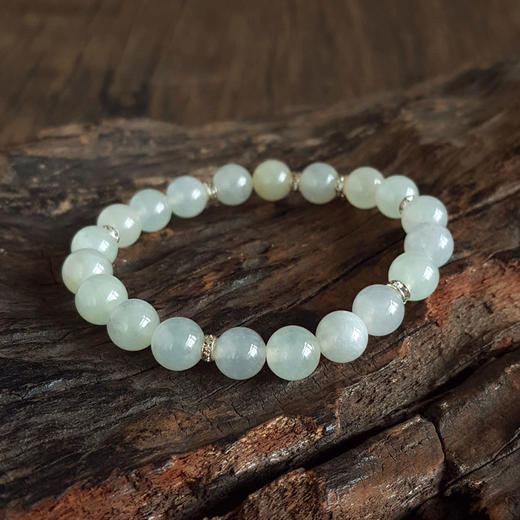 【天然正品】A货翡翠天然细腻约8.2MM青白色糯冰种翡翠圆珠手串8.2MM（皆取最大值）女士现售价：980特价！310325AH51 商品图3