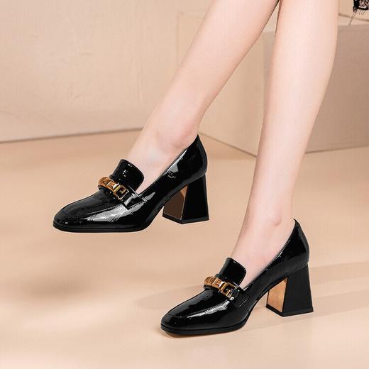 【预售5天】百搭方头粗跟高跟鞋女真皮四季款女鞋漆皮英伦风皮鞋HY-H2516 商品图1