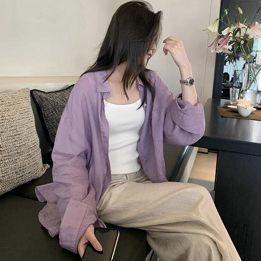 【休闲棉麻长袖衬衫】 天然亚麻纯棉混纺舒适亲肤透气 清透肤感宽松休闲百搭衬衫 可单穿可内搭可外穿 卷卷紫 商品图3