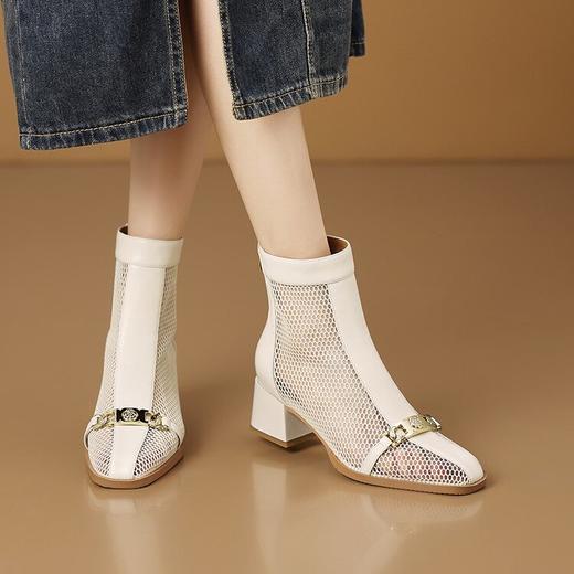 【预售5天】新款凉靴子女粗跟方头中跟鞋镂空透气真皮网靴性感洞洞女鞋HY&H3604 商品图2