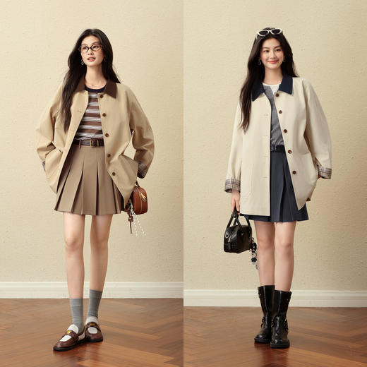 【严选】诗凡黎经典巴恩风撞色翻领一手长风衣2025秋新款宽松休闲英伦外套7G8160251 商品图1