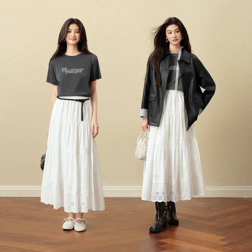 【严选】诗凡黎白色纯棉优雅花边半身裙2025秋新款经典显瘦时尚百搭A字裙7G7140651 商品图1