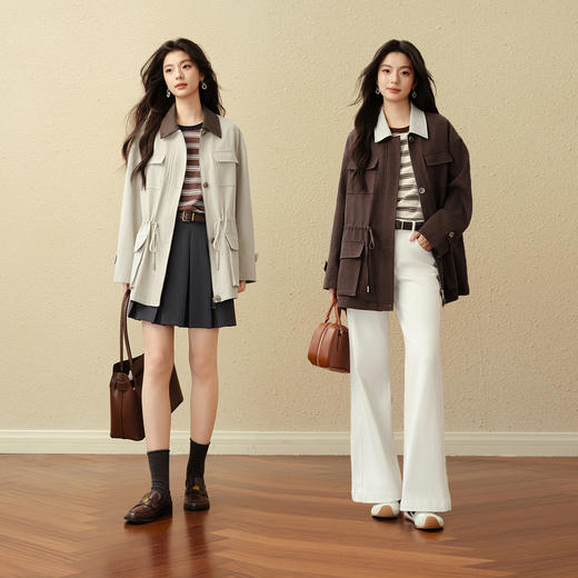 【严选】诗凡黎巴恩风撞色翻领质感风衣25秋新款天丝棉复古抽绳轻便短外套7G8160241 商品图1