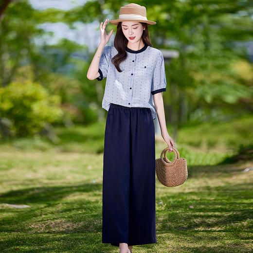时尚气质套装2025夏新款中年妈妈休闲宽松短袖衬衫阔腿裤两件套 LYIGE2540T 商品图0