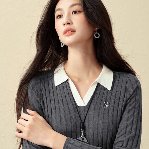 【严选】诗凡黎醋酸天丝羊毛海鸥领针织衫2025秋新款气质通勤显瘦长袖上衣7G7332171 商品图4