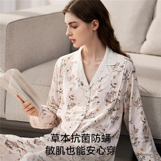 【家居服专场】嫚熙夏季孕妇哺乳睡衣产后弹力丝麻棉萌兔派对月子服家居服套装 商品图1
