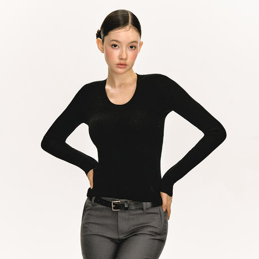 Ariseism美式复古纯色百搭圆领修身针织衫女2025春秋内搭打底上衣 商品图1