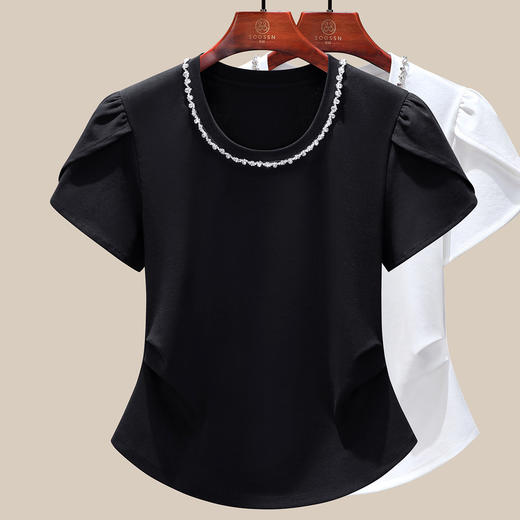 【129元2件】法式高级轻奢大牌配丝巾正肩凉感棉短袖T恤 显瘦遮肚独特潮流上衣 商品图7