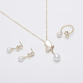 ZQ990901淡水珍珠水滴珠金色白贝单边蝴蝶三件套6-10mm