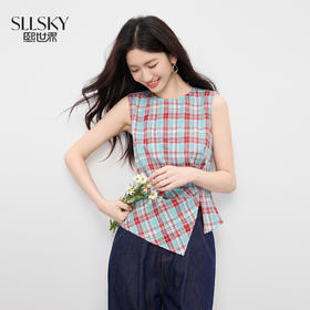 【07/30新品6.5折】熙世界复古红蓝格纹无袖背心女夏季设计感修身不规则褶皱开叉上衣