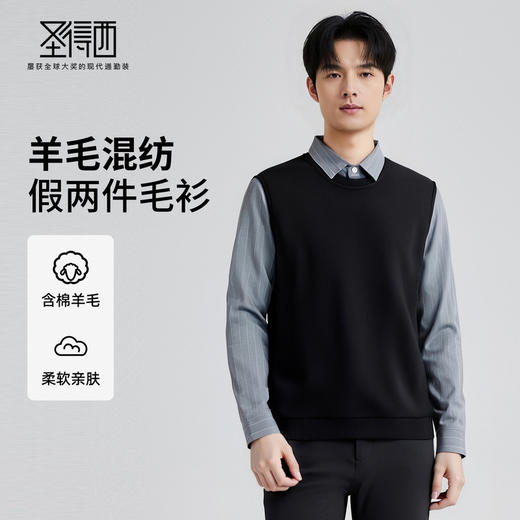 【含绵羊毛】圣得西加绒加厚羊毛衫2025秋保暖舒适拼接假两件毛衫 商品图0