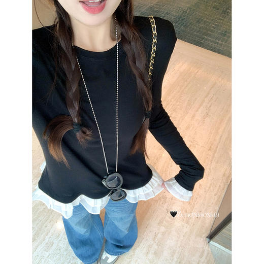 <曾小咸推荐>韩系修身2色下摆花边长袖T恤女 商品图1