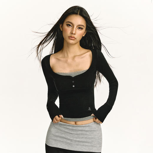 Ariseism 美式复古蕾丝假两件长袖t恤女2025春季新款修身显瘦上衣 商品图3