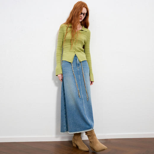 【100棉】三彩2025秋季新款牛仔半身裙毛边A字裙复古长裙M 商品图3