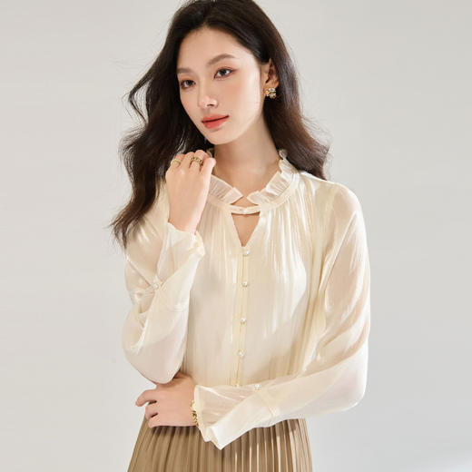 「高货sh」全新升级【铂金会员220/天猫289/差价69】(95921)洛诗琳珠光木耳边衬衫2025秋季法式优雅设计感喇叭袖上衣 商品图0