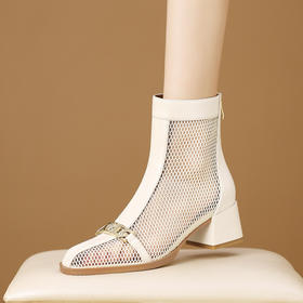 【预售5天】新款凉靴子女粗跟方头中跟鞋镂空透气真皮网靴性感洞洞女鞋HY&H3604
