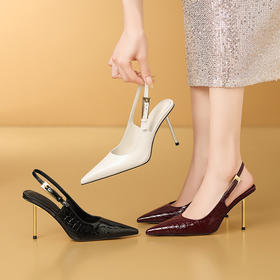 【预售7天】包头凉鞋2025年夏季新款黑色石头纹牛皮高跟鞋性感后空漆皮女鞋LY-A513