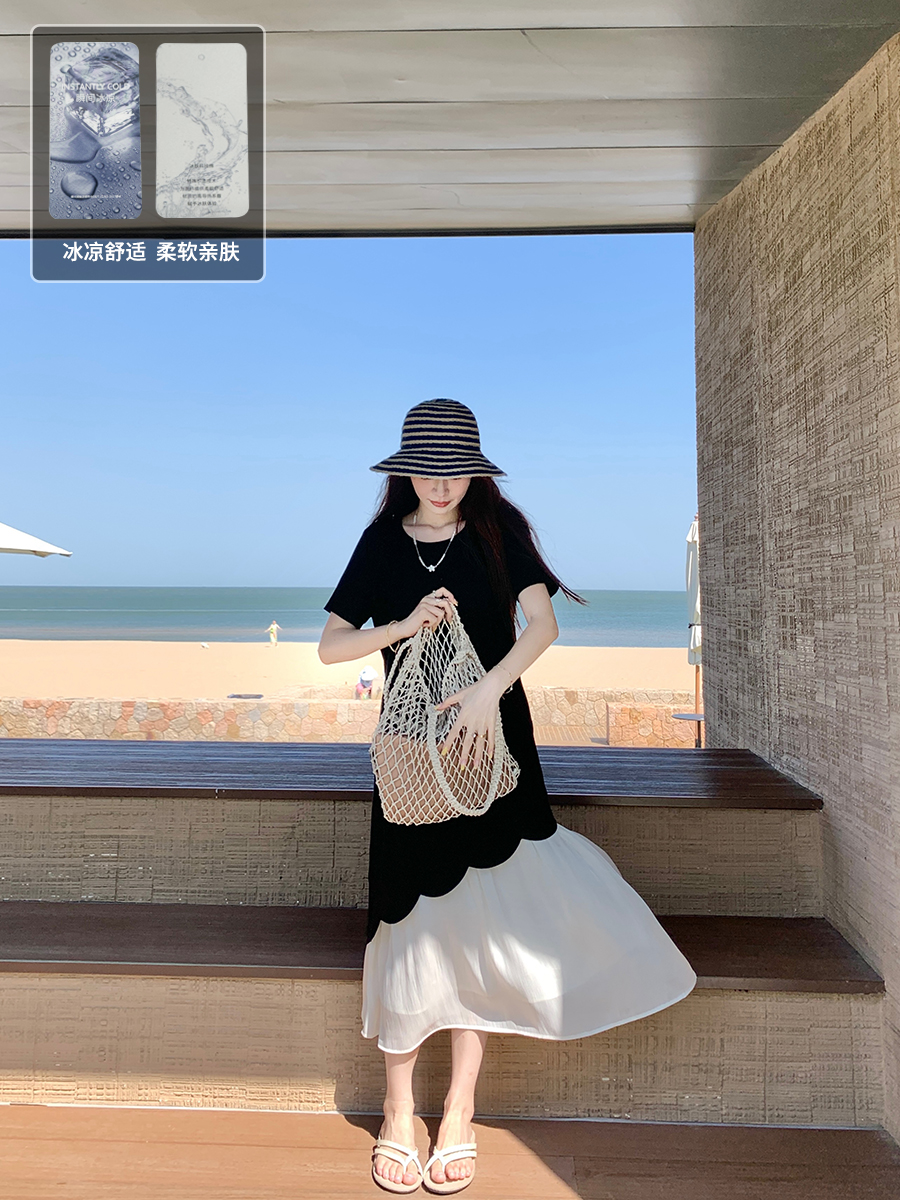 【暮色星光】姹弥·法式拼接连衣裙慵懒撞色长裙无袖短袖款拼接流光网纱花瓣裙
