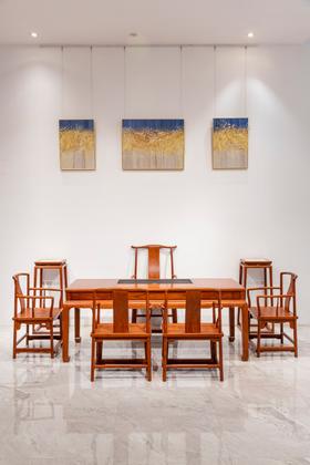 红桥红  家具严选  缅甸花梨（大果紫檀）  【198 石盘茶趣 双抽屉马蹄腿茶桌 搭配】