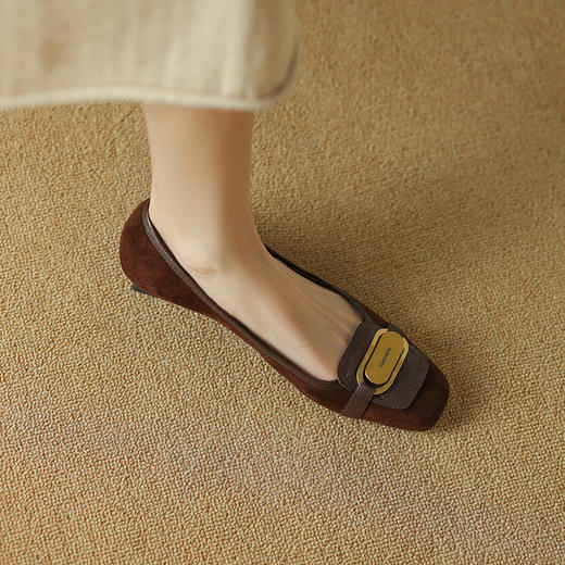 【预售5天】里外全皮！法式复古方头单鞋女粗跟秋季新品棕色通勤羊皮女鞋QQJFG&JZ-1369F 商品图3