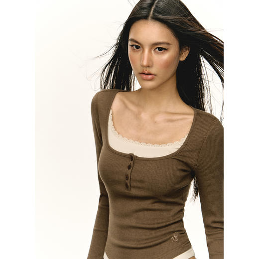 Ariseism 美式复古设计感U领长袖t恤女2025春季新款修身显瘦上衣 商品图4