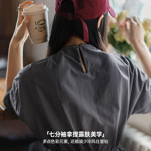 马登落肩薄款宽松中袖七分长袖裙子山系工装风收腰连衣裙女士早秋 商品图2