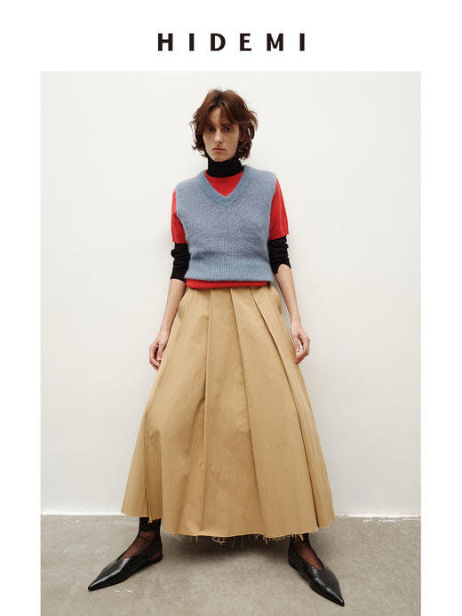 HIDEMI 南非初生马海毛粗针V领毛衣背心 橄榄绿/天空蓝 商品图3