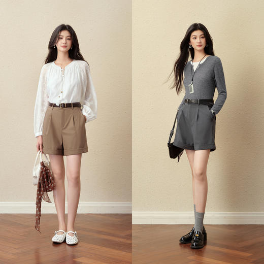 【严选】诗凡黎翻边A字宽松休闲裤2025秋新款高腰显瘦百搭阔腿西装短裤女7G8151141 商品图1