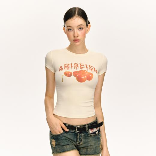 Ariseism 美式复古樱桃印花正肩短袖t恤女2025夏季新款修身上衣 商品图0