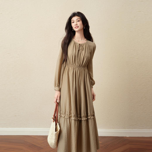 【严选】诗凡黎莱赛尔肌理感气质连衣裙25秋新款打揽收腰系带圆领长袖裙子7G8190771 商品图2