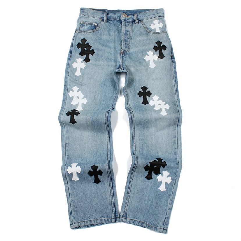 CHR-SH 蓝牛黑白皮牛仔裤