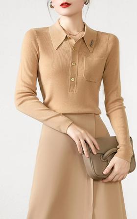 SZ3E01_驼色/深宝蓝_针织衫_春秋_Polo领半开襟修身长袖_高级女装_BERNIEELEN 伯妮斯茵