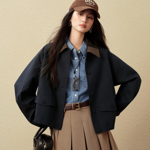 【严选】诗凡黎经典巴恩风撞色翻领短款风衣2025秋新款英伦感宽松休闲外套7G8160261 商品图3