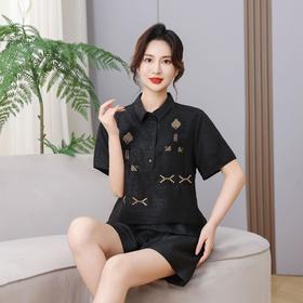 丁摩 真丝香云纱老料黑龟衬衣新款年轻时尚短袖夏季100%桑蚕丝宽松短袖上衣开衫外套AL5637