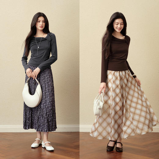 【严选】诗凡黎优雅修身针织打底衫2025秋新款扭结长袖T恤设计感收腰上衣7G3100151-4 商品图1