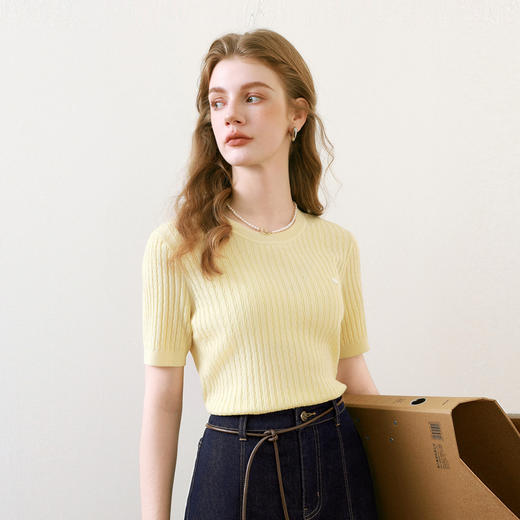 【商场同款】诗凡黎淡黄色短袖针织衫2025夏新款短上衣3G4130761 商品图0