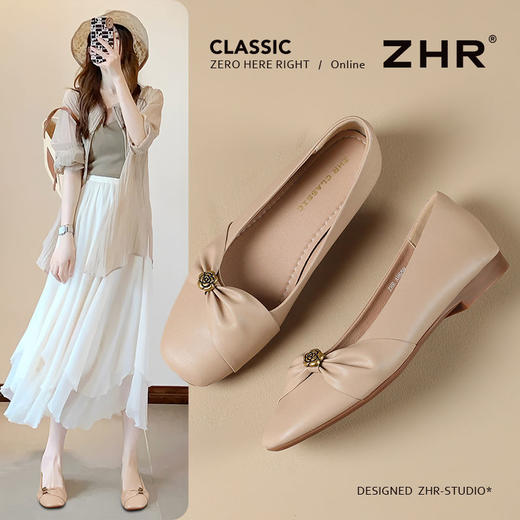 ZHR则则真皮法式山茶花浅口平底单鞋2025新款百搭轻便女鞋一脚蹬 商品图1