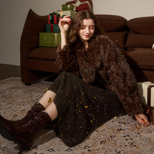 三彩2025冬季新款亮片针织裙高腰松紧半身裙A字裙长裙气质M 商品图3