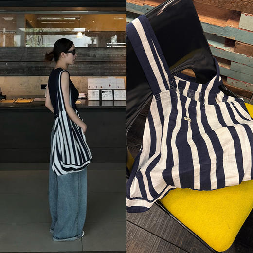 HIDEMI 度假系列慵懒蓝白条纹多重水洗帆布包tote托特包 商品图1