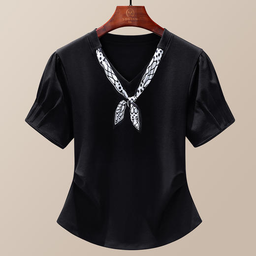 【129元2件】法式高级轻奢大牌配丝巾正肩凉感棉短袖T恤 显瘦遮肚独特潮流上衣 商品图3