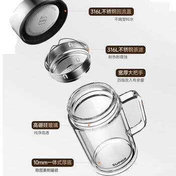 苏泊尔（SUPOR）双层玻璃杯男家用商务办公泡茶杯子过滤车载水杯570mL.行砚黑 /厨具 /水具 /玻璃杯 商品图3