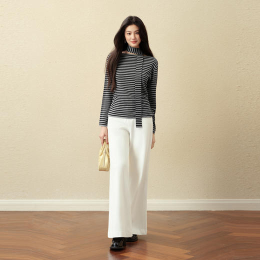 【严选】诗凡黎经典条纹飘带针织衫2025秋新款收腰修身显瘦百搭长袖打底衫7G8131021-1 商品图1