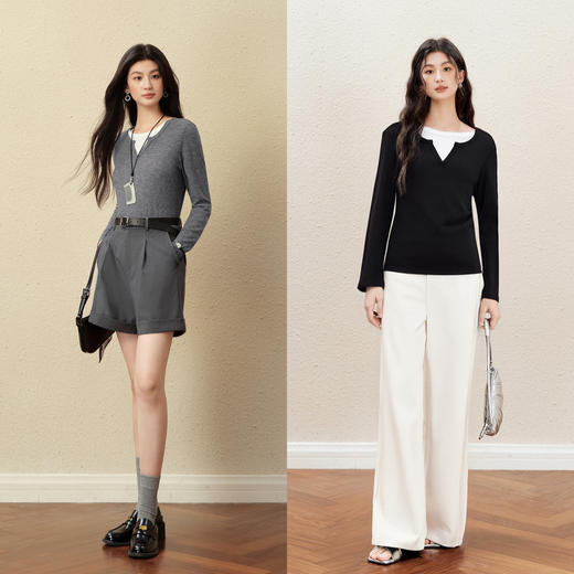 【严选】诗凡黎天丝羊毛假两件T恤2025秋新款慵懒V领修身显瘦长袖针织上衣7G8101581 商品图1