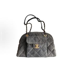 香奈儿 24A 金扣菱格皮穿链品牌Logo标志拉链开合 牛仔布 单肩手提包 小号 女款 灰色