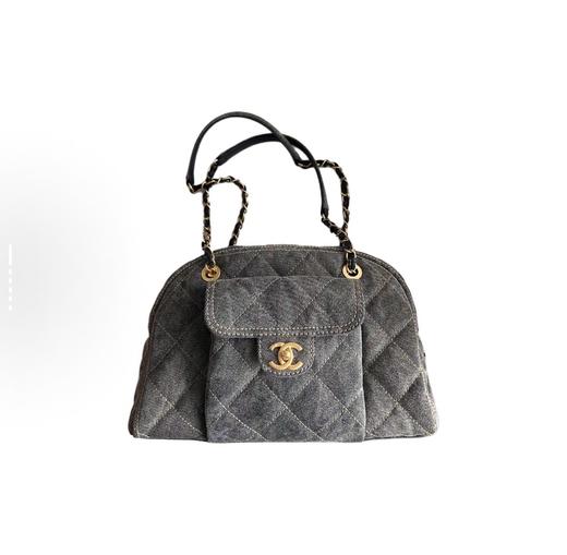 香奈儿 24A 金扣菱格皮穿链品牌Logo标志拉链开合 牛仔布 单肩手提包 小号 女款 灰色 商品图0