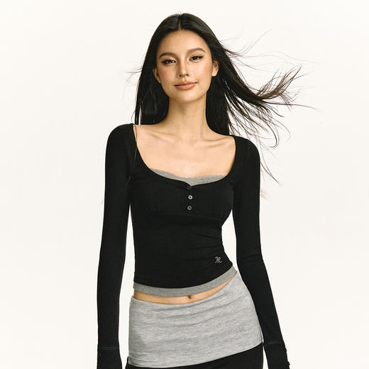 Ariseism 美式复古蕾丝假两件长袖t恤女2025春季新款修身显瘦上衣 商品图1