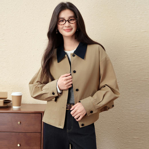 【严选】诗凡黎经典巴恩风撞色翻领短款风衣2025秋新款英伦感宽松休闲外套7G8160261 商品图0